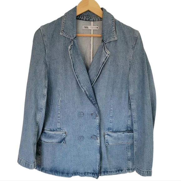ZARA Denim Double Breasted Blazer Boxy Oversized Jacket Blue Women’s Siz… - Picture 3 of 17